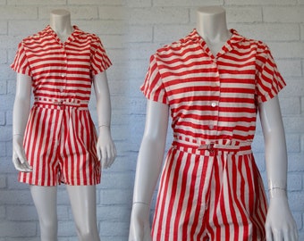 80s Striped Romper - Vintage 1980s Candy Striped Shorts Jumpsuit Red & White - Cutest Pinup Style Playsuit S