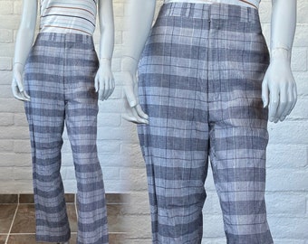 70s Plaid Pants - Vintage Blue & White Plaid Mens Trousers - Classic 1970s Mens Pants by Corbin High Waist L 36" waist