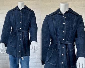 70s Blue Suede Jacket - Vintage Navy Suede Jacket with Snap Front & Belt - Glam 1970s Belted Leather Jacket S M