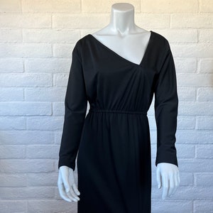 70s Victor Costa Dress Vintage Long Black Jersey Dress Sleek 1970s Black Dress w Asymmetrical Neckline & Slit Skirt M L image 2