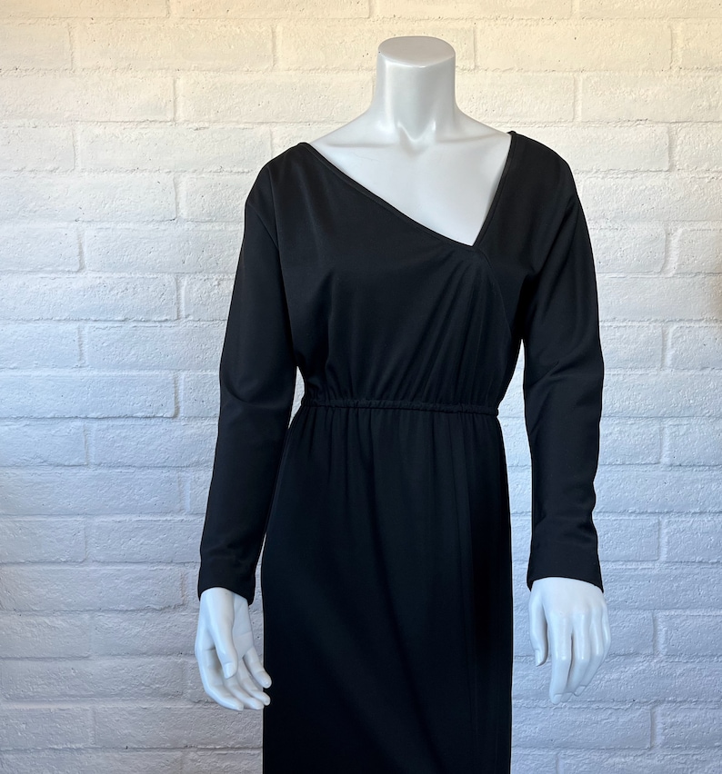 70s Victor Costa Dress Vintage Long Black Jersey Dress Sleek 1970s Black Dress w Asymmetrical Neckline & Slit Skirt M L image 2
