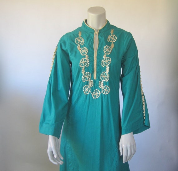 70s Embroidered Caftan - Vintage Jade Green Cotto… - image 2