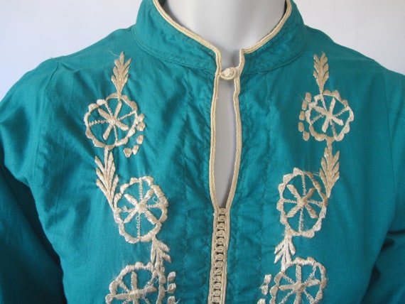 70s Embroidered Caftan - Vintage Jade Green Cotto… - image 4