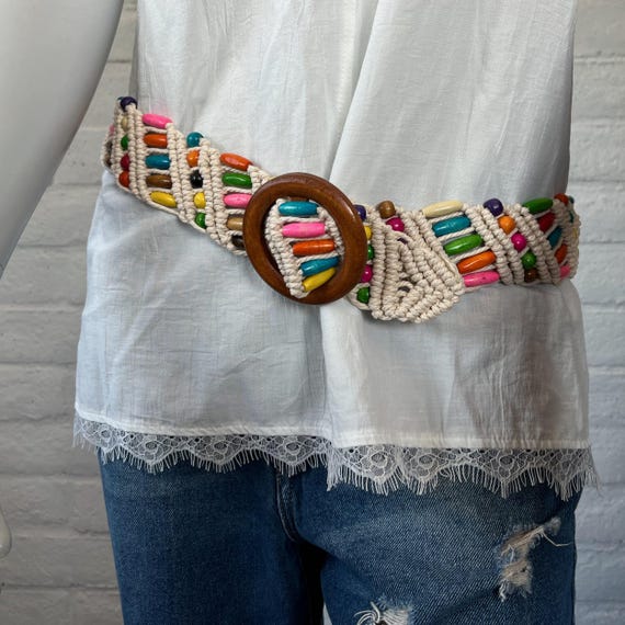 70s Macrame Wood Bead Belt - Vintage 1970s Rainbow Beaded 