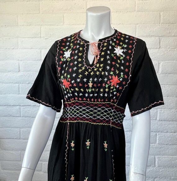 70s Embroidered Black Dress Vintage Boho Cotton Gauze Dress by  