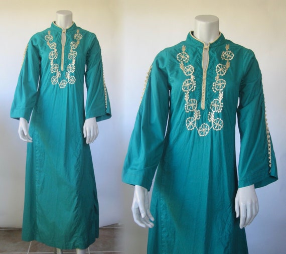 70s Embroidered Caftan - Vintage Jade Green Cotton Bo… - Gem