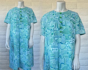 60s Mod Shift Dress - Vintage Green & Blue Dress MCM Print - Cute 1960s Atomic Age Dress Home Sewn XL Plus Size
