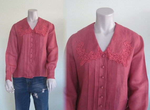 80s Linen Blouse - Vintage Pink Linen Shirt with … - image 2