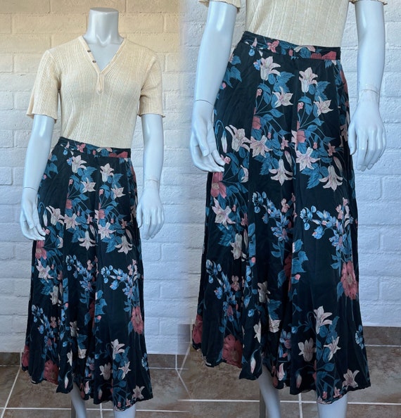 80s Silk Skirt - Vintage Silk Floral Maxi Skirt - 
