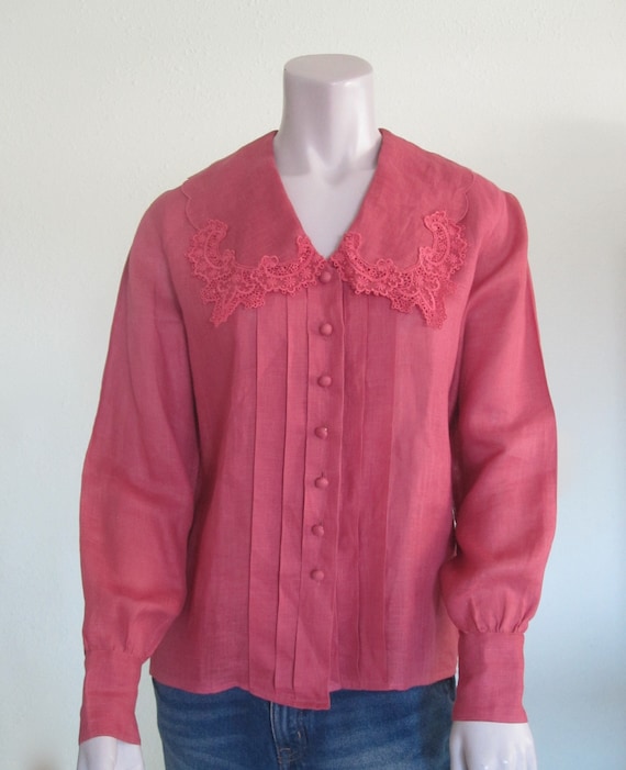 80s Linen Blouse - Vintage Pink Linen Shirt with … - image 1