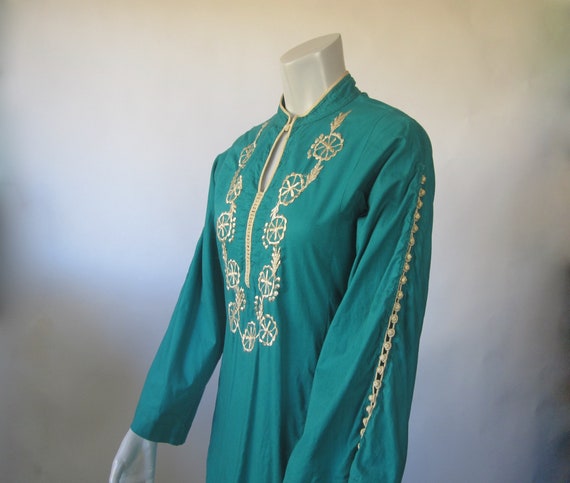 70s Embroidered Caftan - Vintage Jade Green Cotto… - image 6