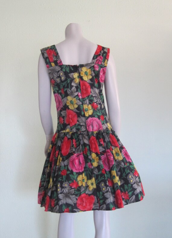 80s Floral Dress - Vintage Black Floral Cotton Su… - image 7