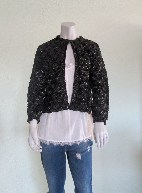 50s Beaded Cardigan - Vintage Black Sequin Cardiga