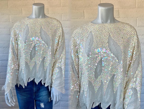 80s Silk Beaded Blouse - Vintage Cream Bead and S… - image 1