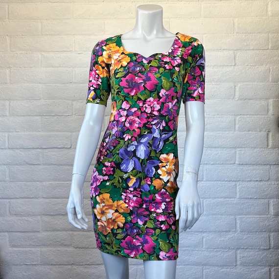 80s Express Tricot Mini Dress - Vintage 1980s Bodycon Floral Dress New Wave S M 80s Express Tricot Mini Dress - Vintage 1980s Bodycon Floral Dress New Wave S M