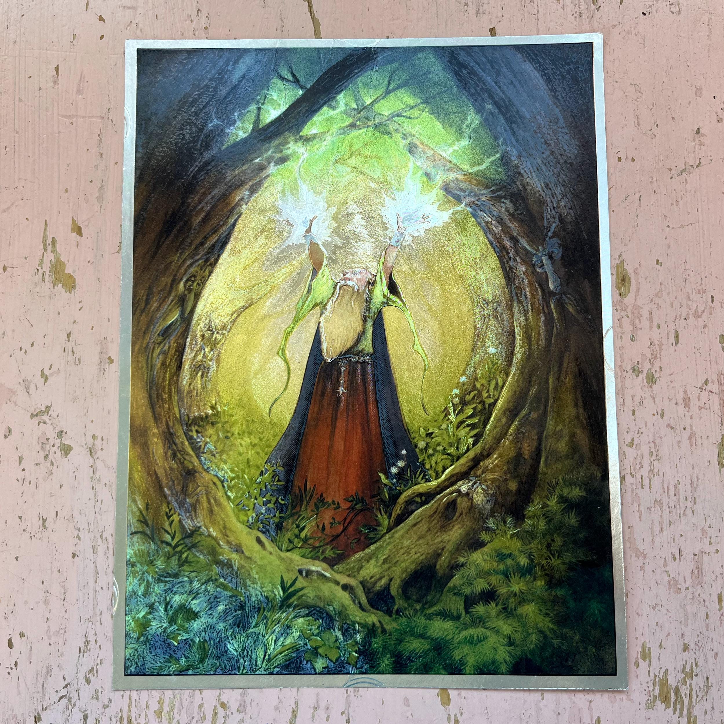 90s Dufex Foil Print Wizard Fantasy Art - Vintage 1990s Silver Foil Screenprint Earth Wizard