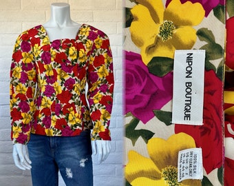 80s Nipon Boutique Silk Jacket - Vintage Floral Silk Blazer - Gorgeous 1980s Bright Rose Floral Jacket Fitted Waist M