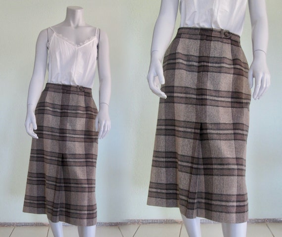 80s Wool Plaid Skirt - Vintage Brown & Black Wool… - image 1