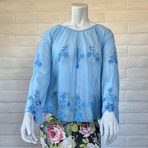 Sheer Embroidered Top - Vintage 70s Sheer Blue Peasant Blouse w Embroidery - Pretty 1970s Bell Sleeve Top L