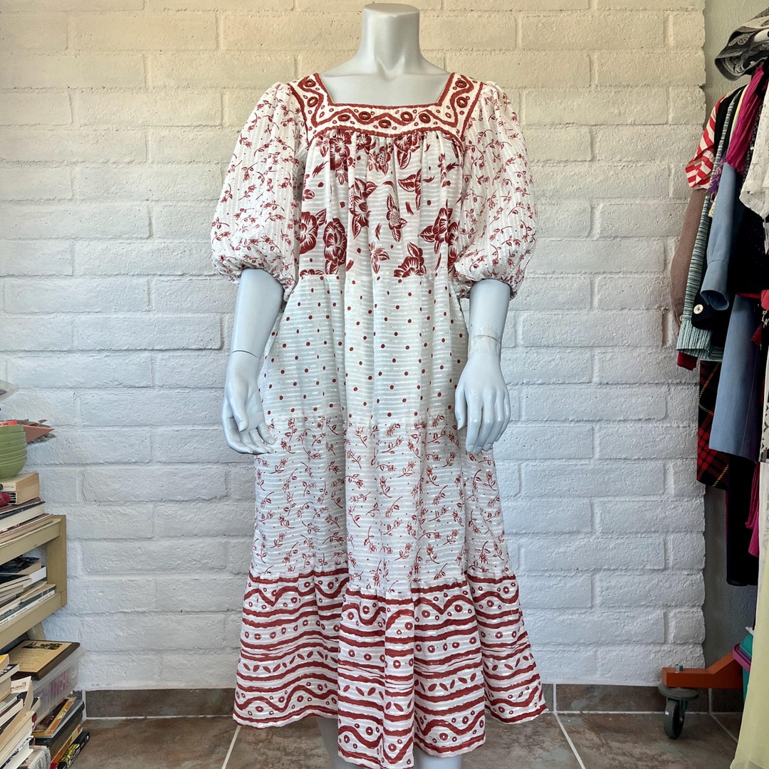 70s Ramona Rull Dress - Vintage Rust & White Boho Mixed Print Caftan ...