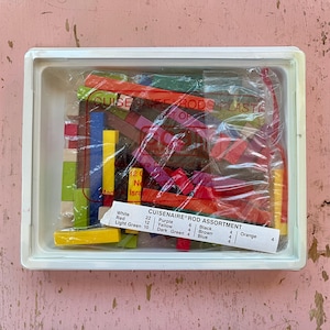May include: A plastic container holds a collection of colorful Cuisenaire rods. The rods are various lengths and colors, including red, yellow, and blue. A label indicates the number of each color rod in the assortment.