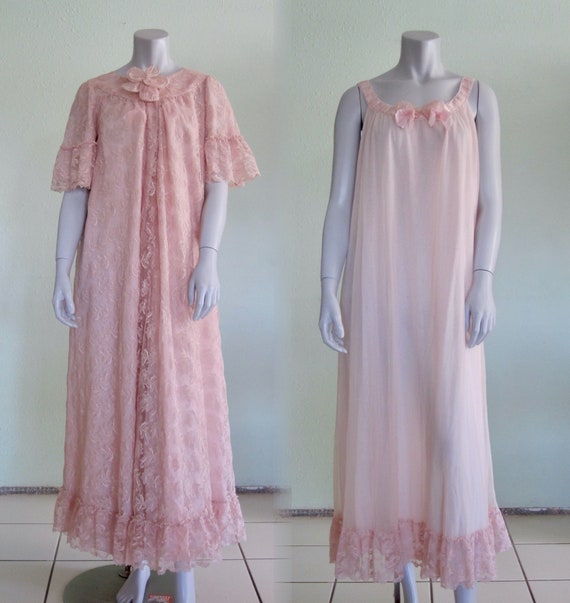 50s Peignoir Set - Vintage Pink Lace Robe and Chif