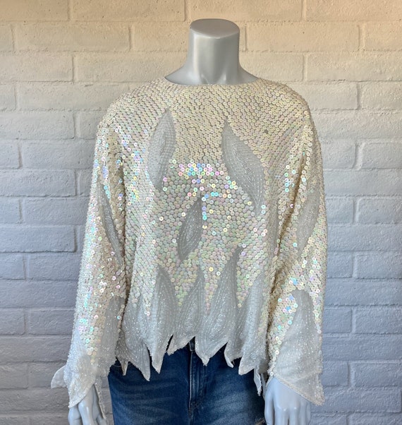 80s Silk Beaded Blouse - Vintage Cream Bead and S… - image 2