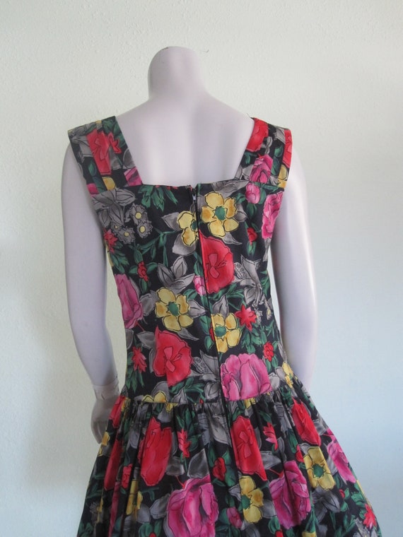 80s Floral Dress - Vintage Black Floral Cotton Su… - image 6