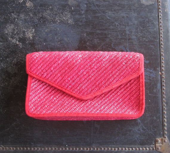 60s Pappagallo Bag - Vintage Red Straw Clutch - Cu