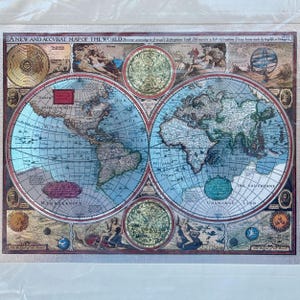 80s Metal Etching Antique Map of the World - Vintage 1980s Foil Print New in Package