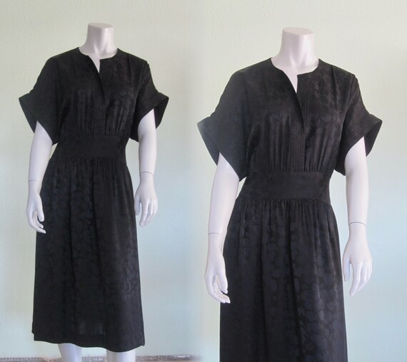 90s Silk Dress - Vintage Black Silk Kimono Dress -