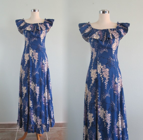 40s Hawaiian Dress - Vintage Blue Floral Hawaiian