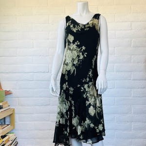 Bias Cut Dress - Vintage 90s Black Floral Cowl Neck Gown Midi Length - Glam 1990s Cowl Neck Slip Dress M L