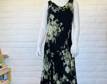 Bias Cut Dress - Vintage 90s Black Floral Cowl Neck Gown Midi Length - Glam 1990s Cowl Neck Slip Dress M L