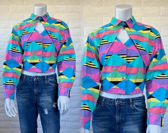 Amazing 1980s Wrangler Blouse - Vintage Cropped Western Top w Cutout Back - Cutest 80s Ladies Rodeo Shirt M L