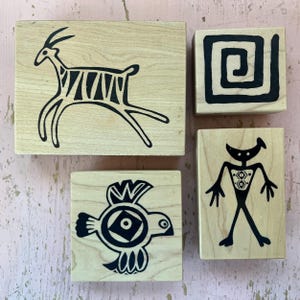 Beautiful 1990s Southwestern Indigenous Native Rubber Stamps by PSX - 90s Wood Mounted Stamps Southwest Thunderbird Maze Stag