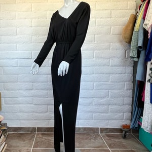 70s Victor Costa Dress Vintage Long Black Jersey Dress Sleek 1970s Black Dress w Asymmetrical Neckline & Slit Skirt M L image 3