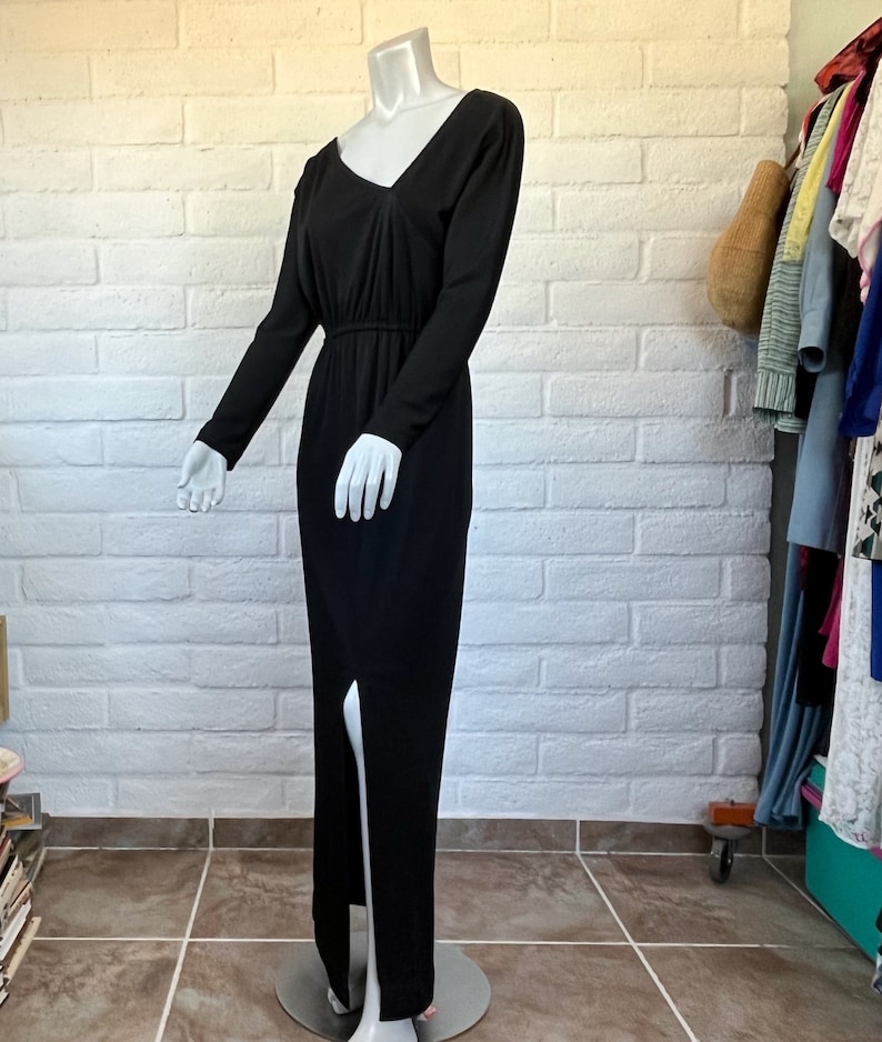 70s Victor Costa Dress Vintage Long Black Jersey Dress Sleek 1970s Black Dress w Asymmetrical Neckline & Slit Skirt M L image 3