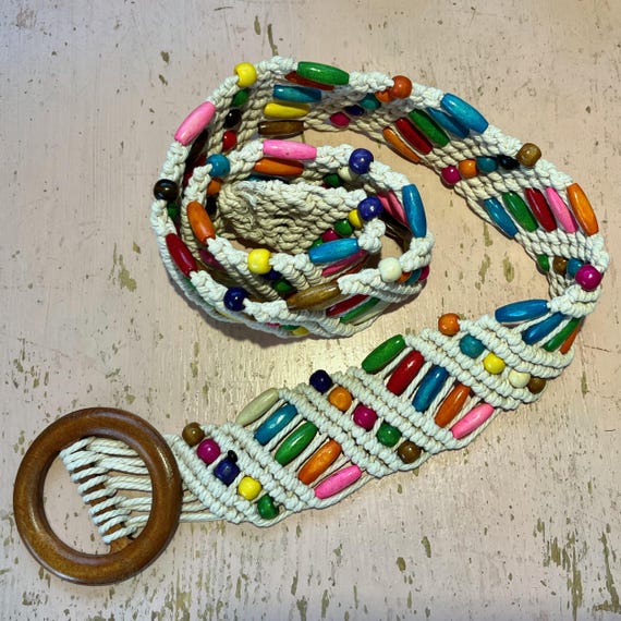 Cream macrame belt with wooden beads 70s Macrame Wood Bead Belt - Vintage 1970s Rainbow Beaded  main image 3