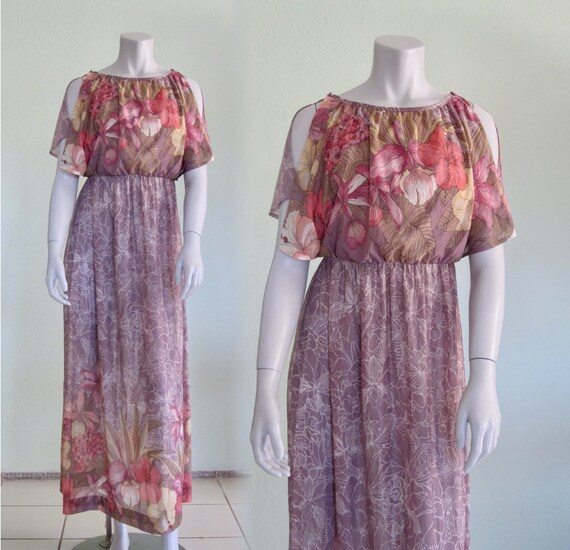 70s Scarf Dress - Vintage Purple Floral Maxi Dress
