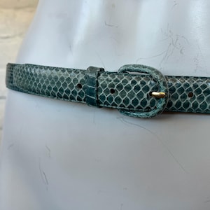 80s Snakeskin Belt - Vintage Teal Snake Skin Narrow Belt - Classic 1980s Dyed Snakeskin Buckle Belt M L