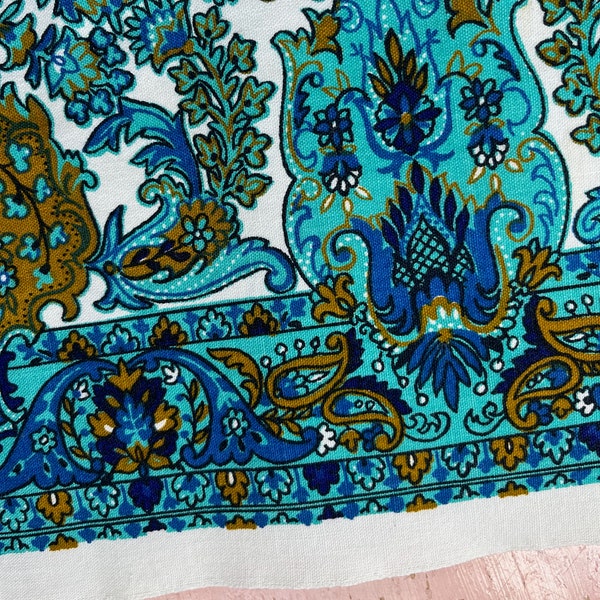 60s Paisley Fabric - Vintage Blue Paisley Print Fabric Remnant 5th Avenue Designs - Midmod 1960s Heavy Cotton Print Fabric 60" by 50"