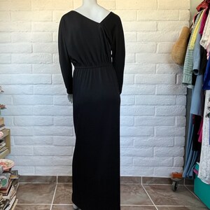 70s Victor Costa Dress Vintage Long Black Jersey Dress Sleek 1970s Black Dress w Asymmetrical Neckline & Slit Skirt M L image 6