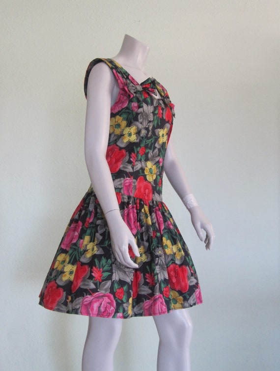 80s Floral Dress - Vintage Black Floral Cotton Su… - image 4