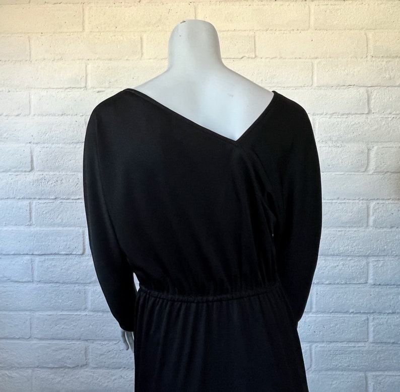 70s Victor Costa Dress Vintage Long Black Jersey Dress Sleek 1970s Black Dress w Asymmetrical Neckline & Slit Skirt M L image 7