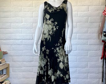 90s Black Floral Beaded Cowl Neck Dress - Vintage 1990s Sage & Black Evening Dress M L