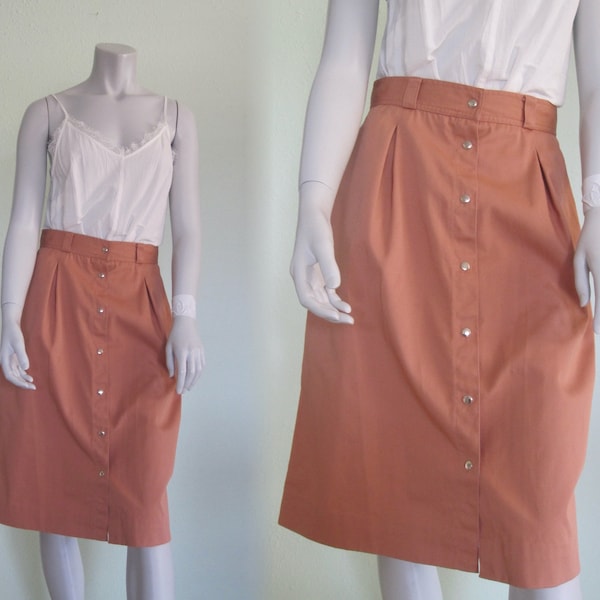 80s Terra Cotta Skirt - Vintage Pale Rust Cotton Skirt w Snap Front by Chaus - Chic 1980s Button Front Skirt M