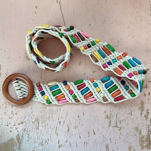 Beaded Macrame Belt - Vintage 80s Woven Belt Multicolor Beads - Cutest 1980s Hand Made Macrame Wide Belt Wooden Beads