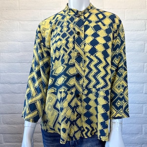 URU Silk Blouse - Vintage 90s Mustard and Indigo Silk Top - Pretty 1990s Blue Mixed Print Button Up Shirt M L