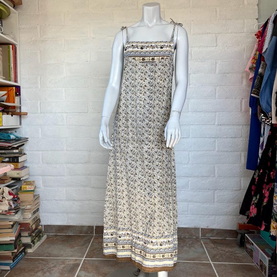 90s Indian Cotton Dress - Vintage 1990s Block Print Sundress Shoulder Ties S